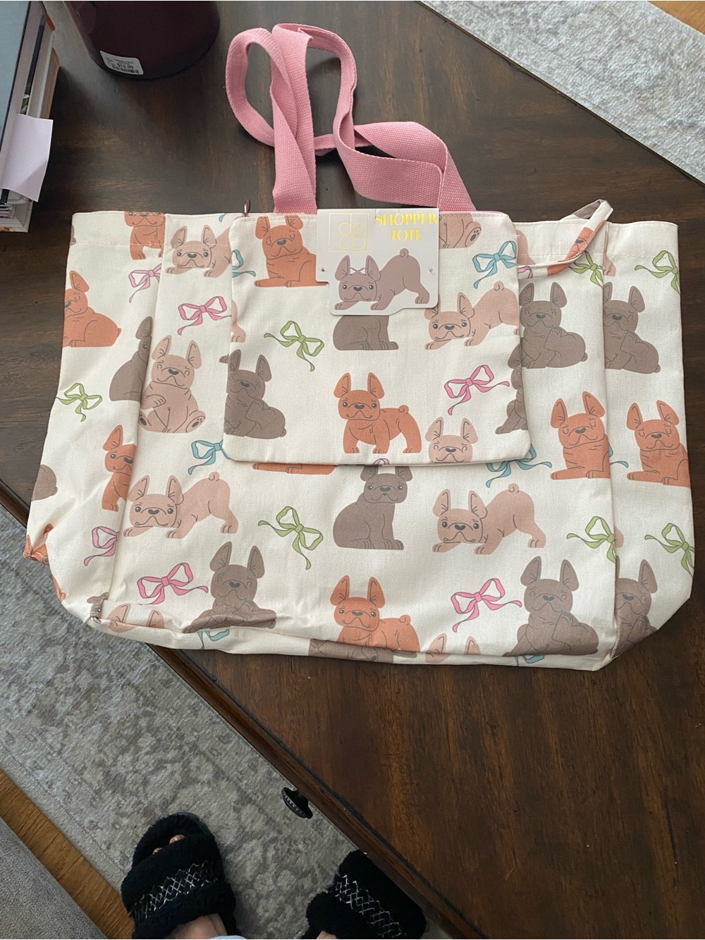 Cotton Canvas Tote Bag with French Bulldog Print and Pink Handles with pouch